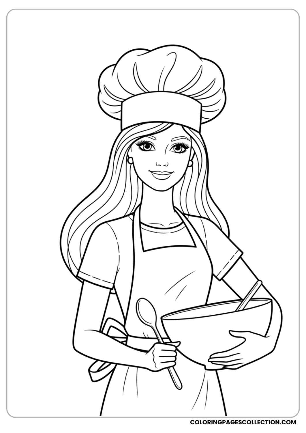 Barbie wearing a chef’s hat and apron, holding a mixing bowl and spoon