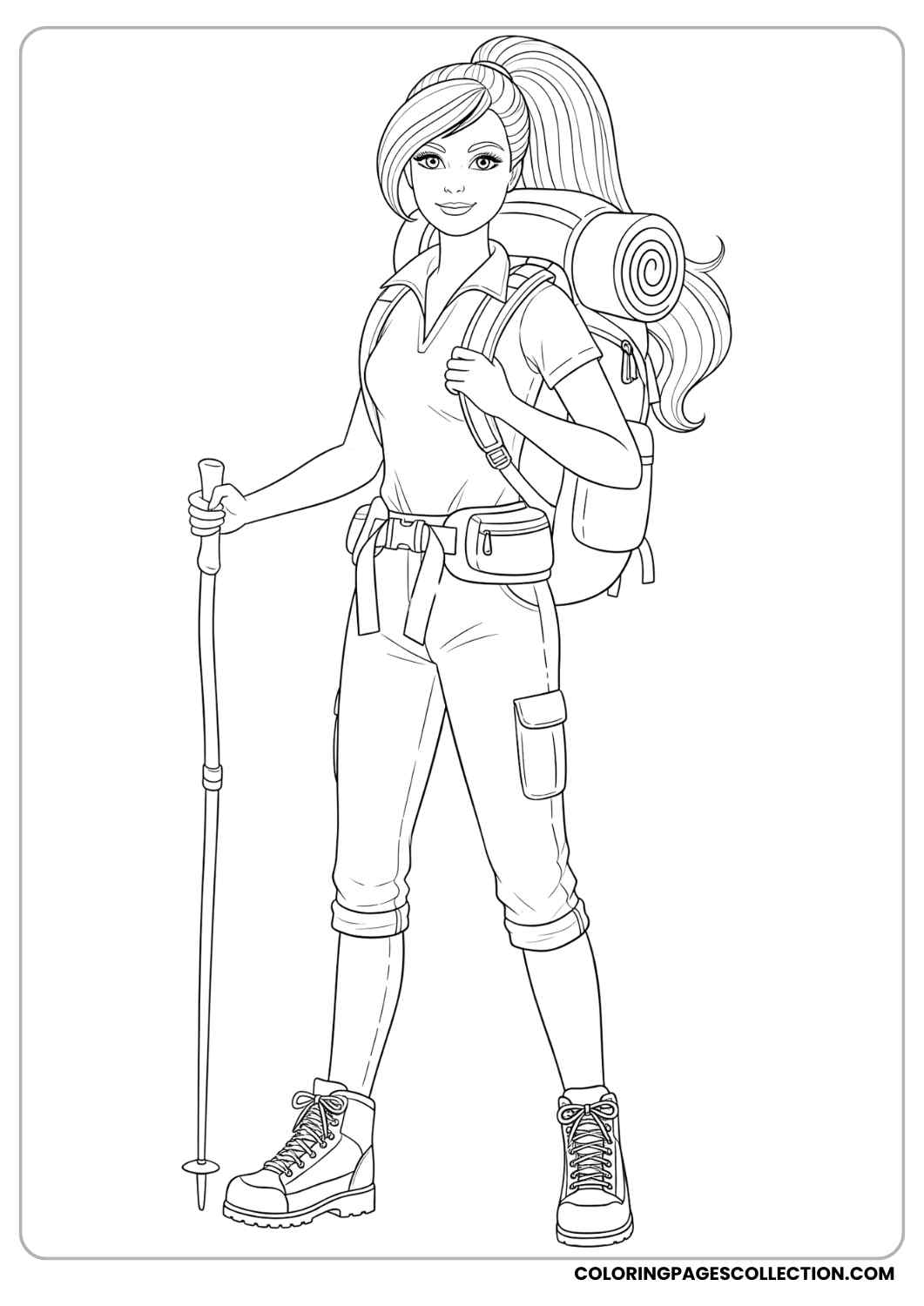 Barbie with a backpack, wearing hiking clothes and boots, holding a walking stick