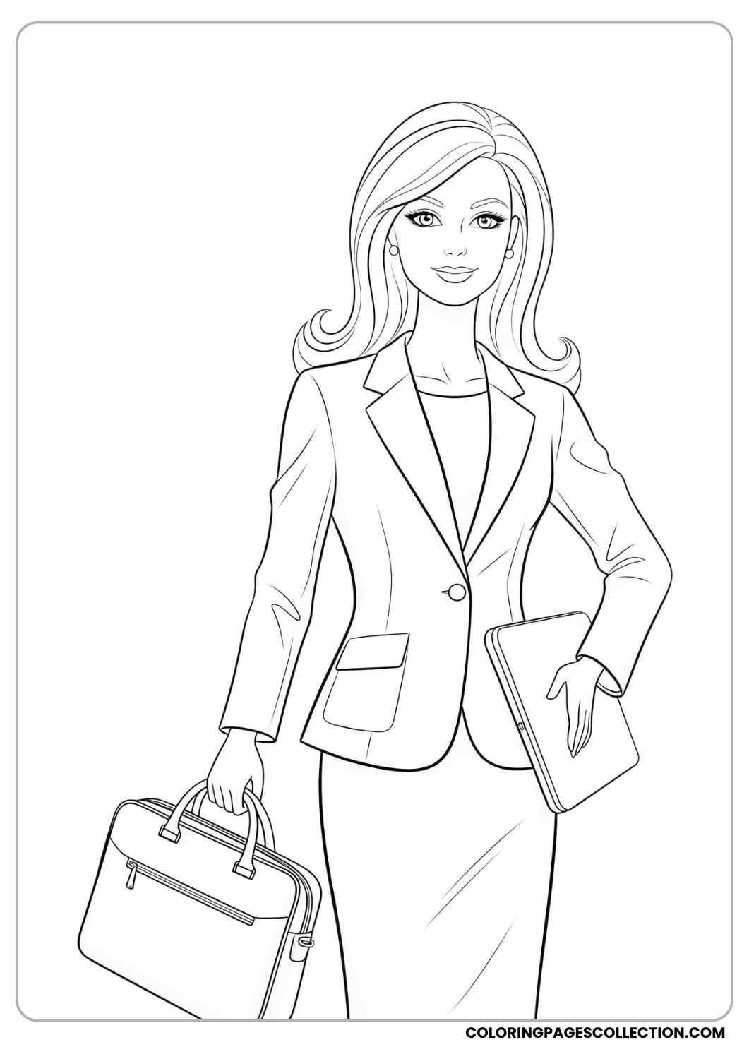 Barbie in a stylish blazer and skirt, holding a laptop bag, looking like a businesswoman