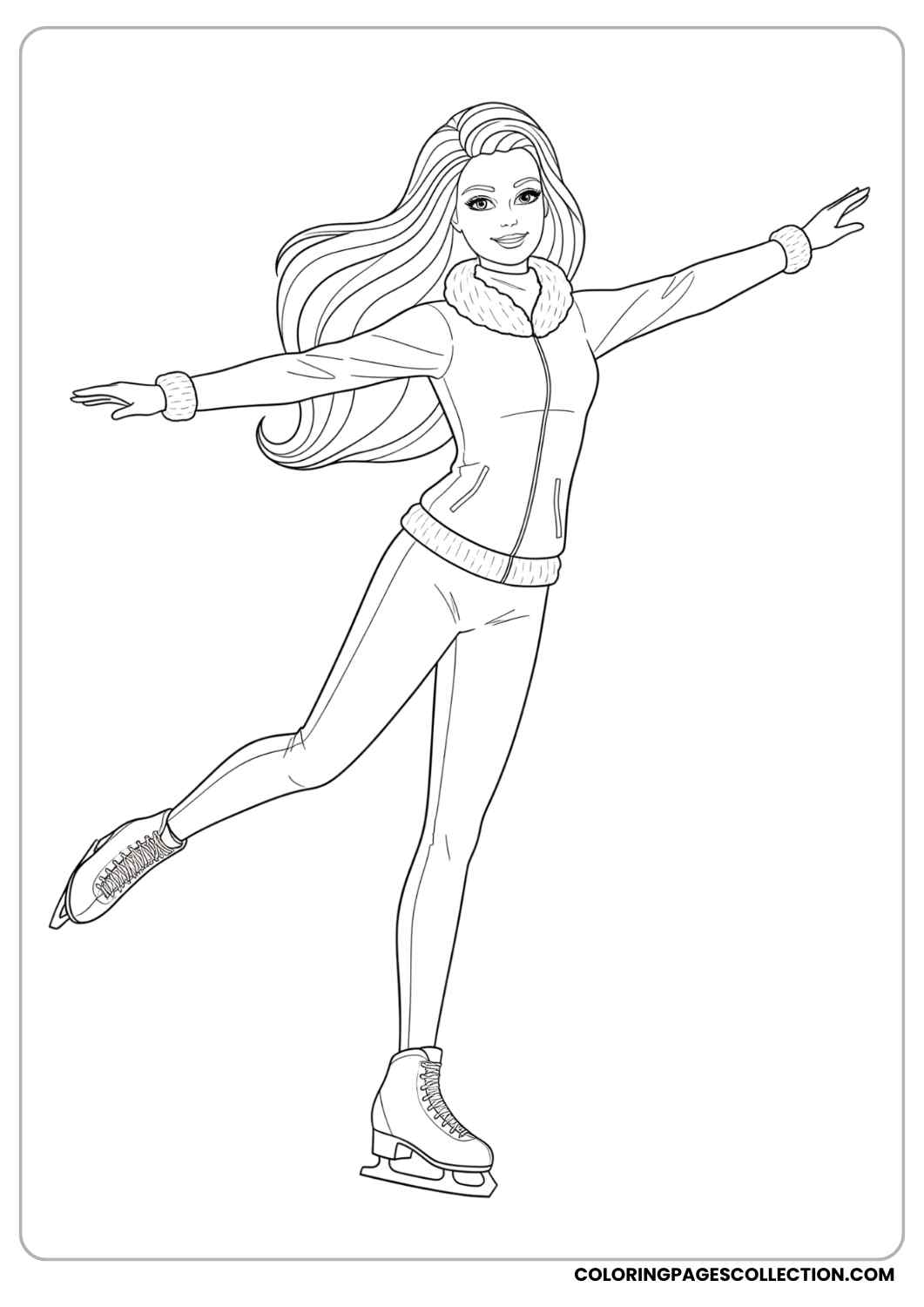 Barbie ice skating in a winter outfit, arms stretched gracefully