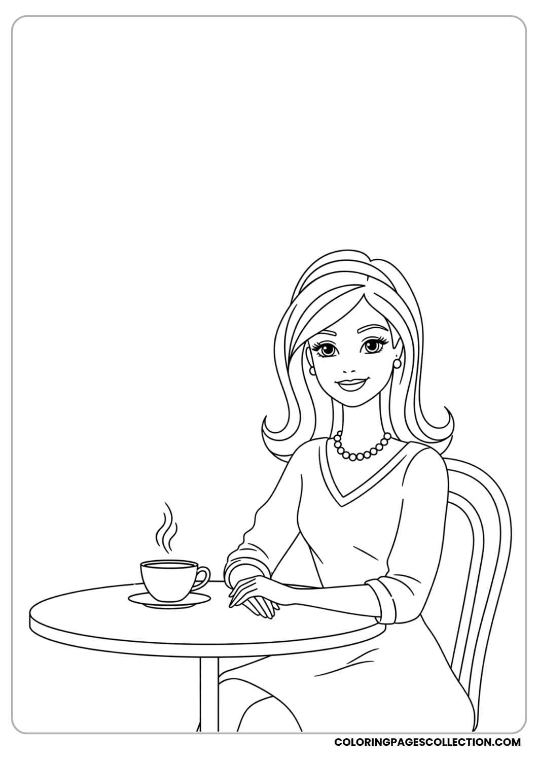 Barbie sitting at a café table with a coffee cup and a cute smile