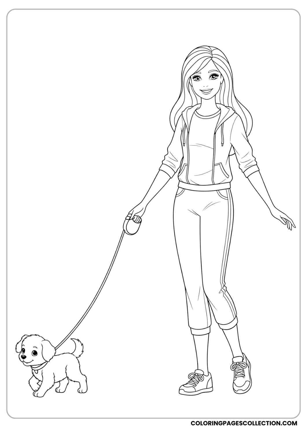 Barbie walking a cute puppy on a leash, wearing sneakers and a casual sporty outfit