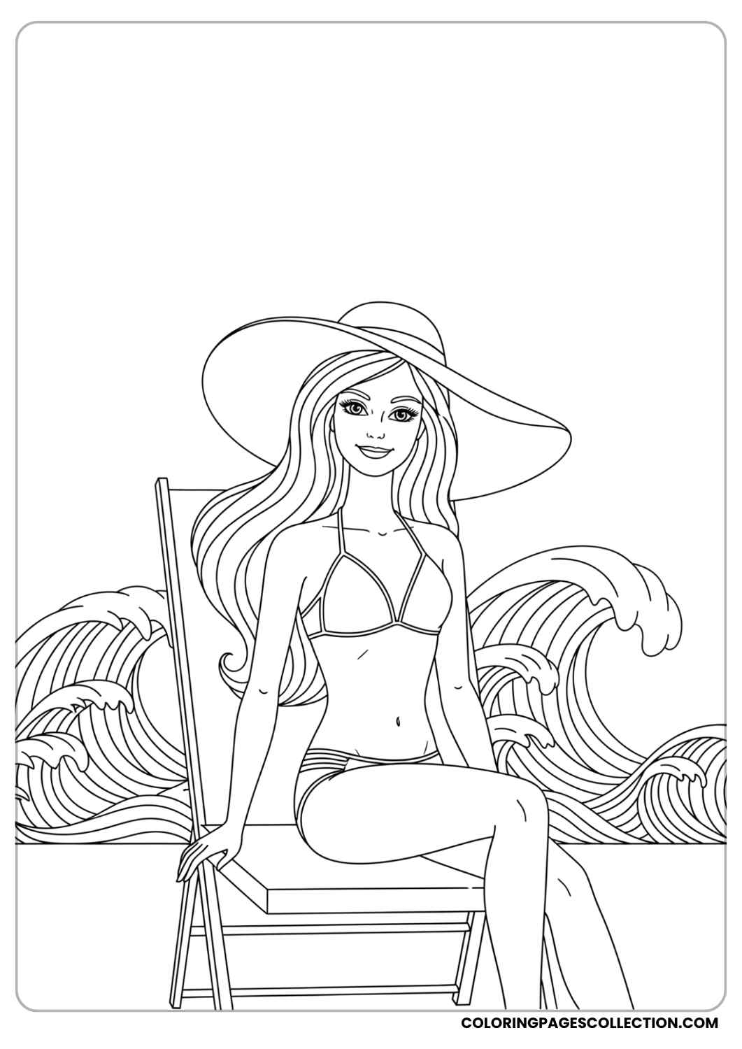 Barbie with long flowing hair, wearing a beach hat and bikini, sitting on a chair with waves behind