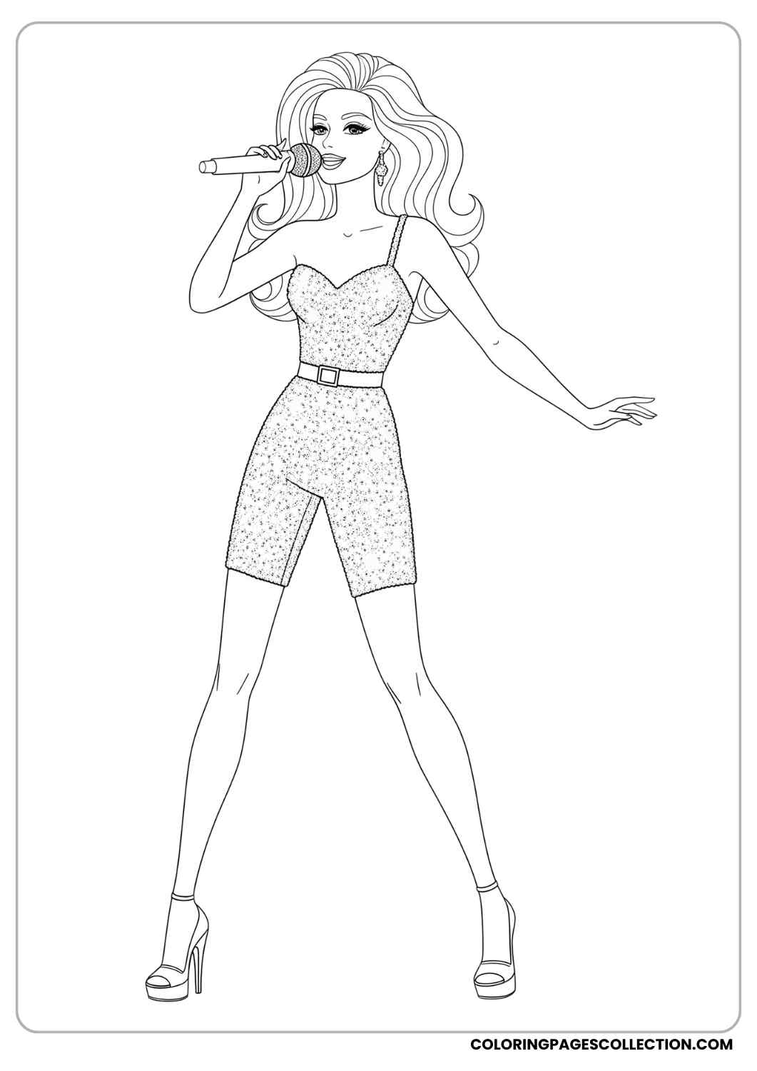 Barbie as a pop star, singing into a microphone, wearing a sparkly stage outfit with high heels