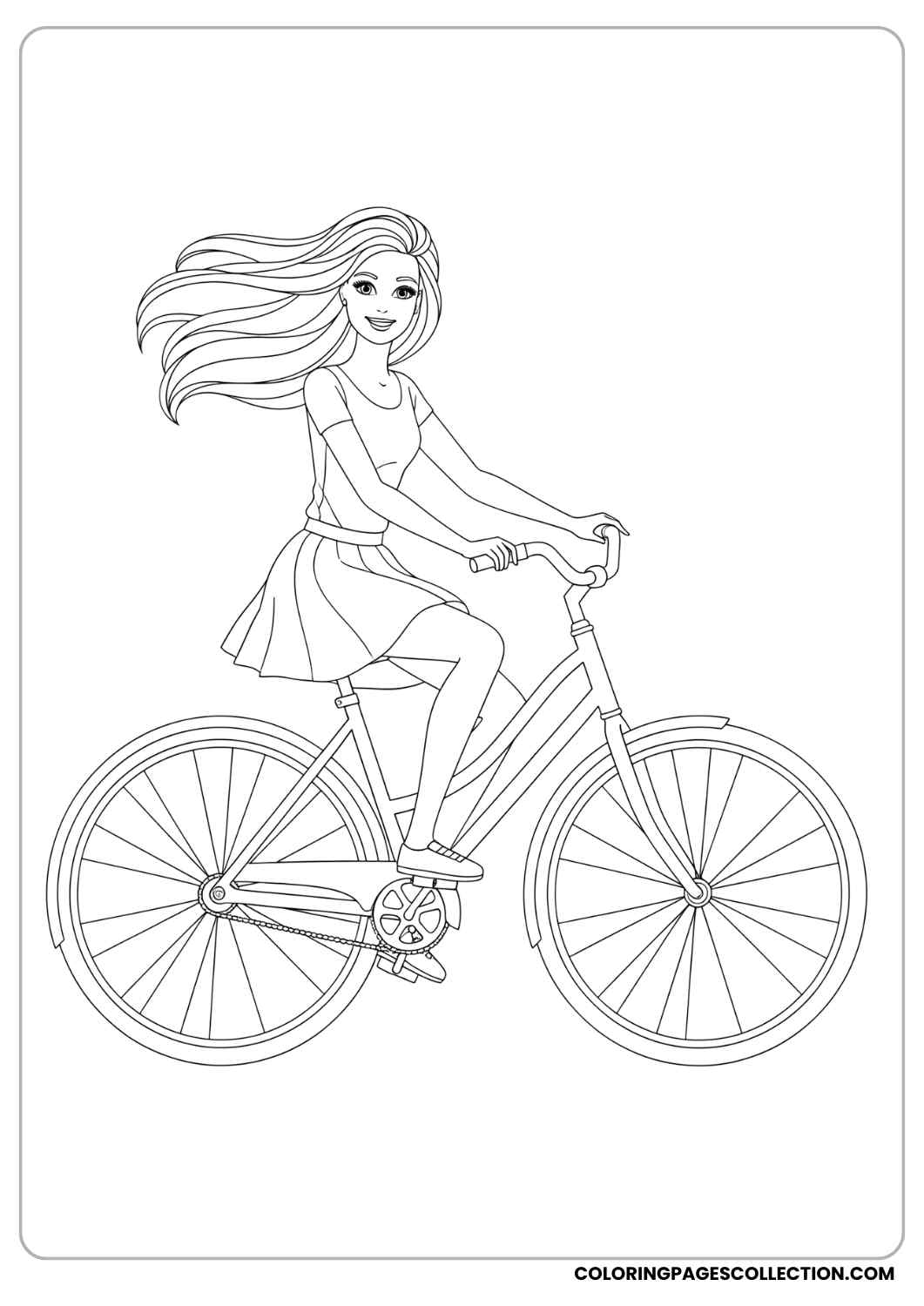 Barbie riding a bicycle with her hair blowing in the wind, wearing a skirt and a light top