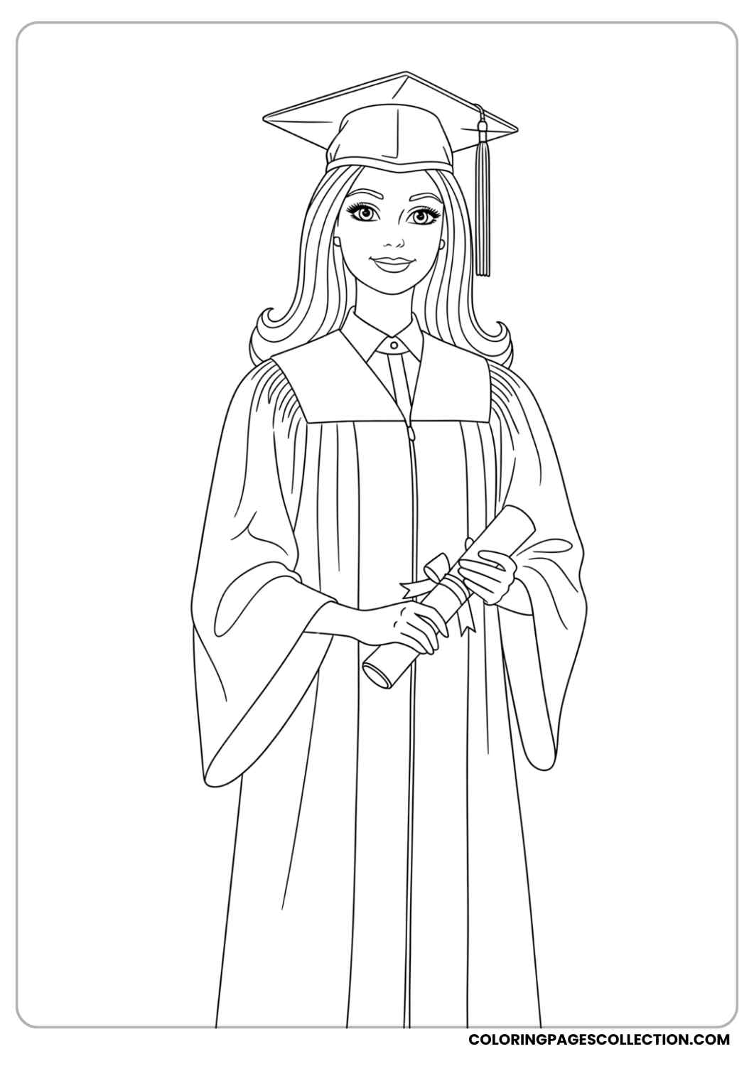 Barbie in a graduation gown and cap, holding her diploma with pride