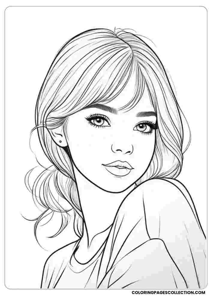 Realistic Girl with Bangs Coloring Page