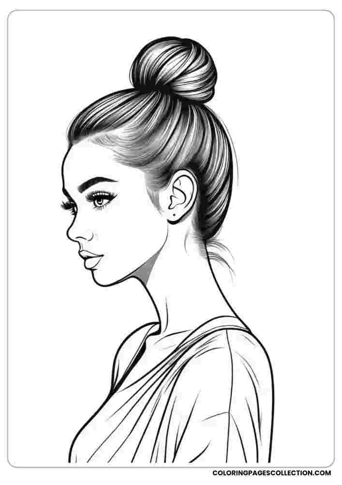 Elegant Girl with High Bun Coloring Page