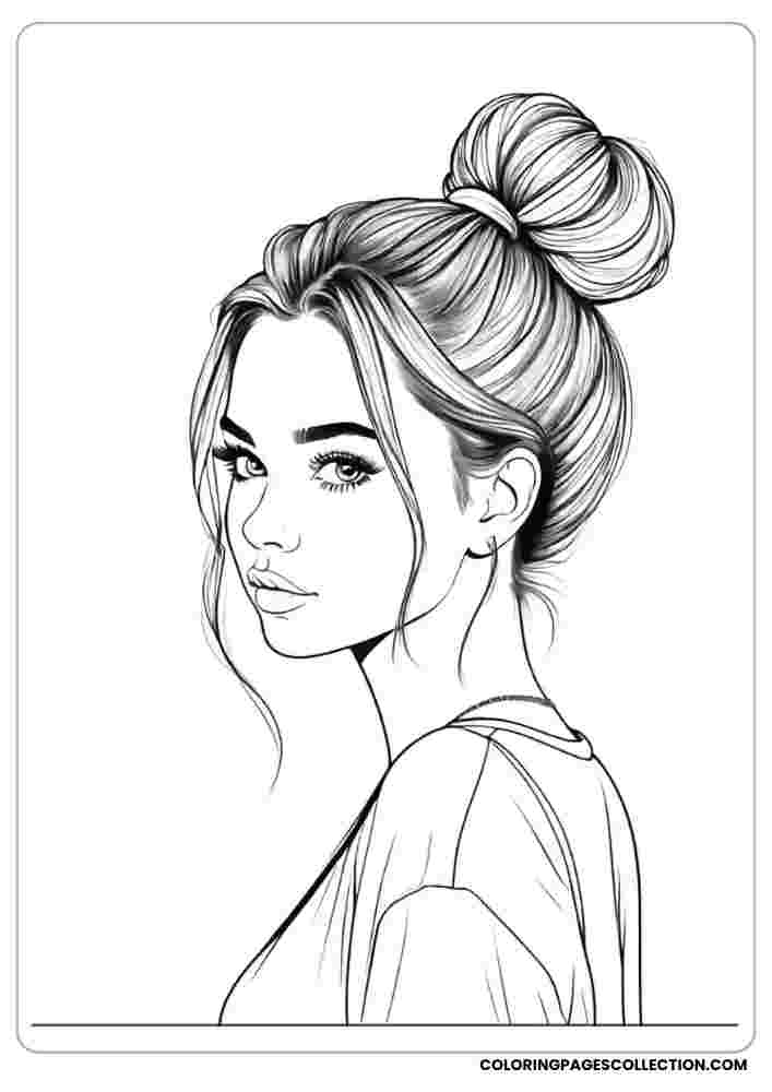Loose Strands and High Bun Girl Coloring Page