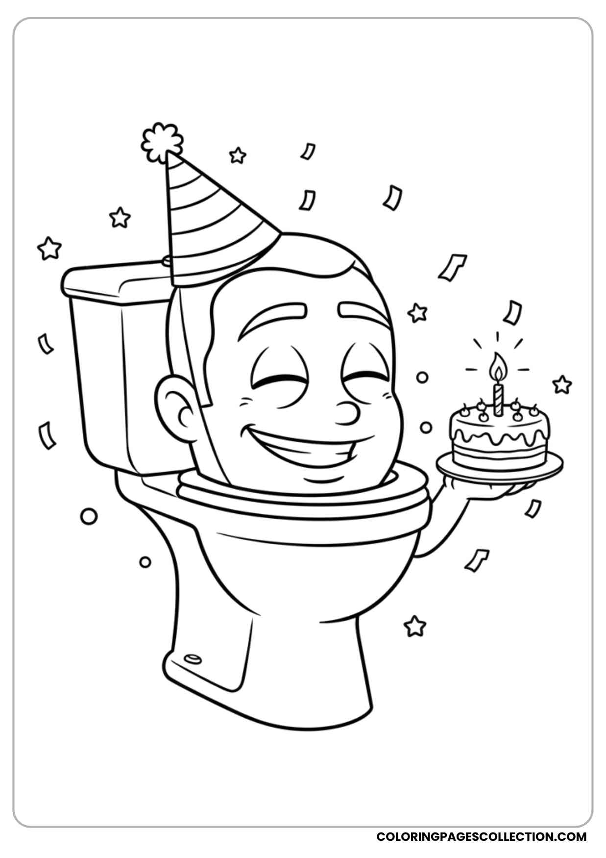 skibidi toilet with party hat and cake coloring sheet