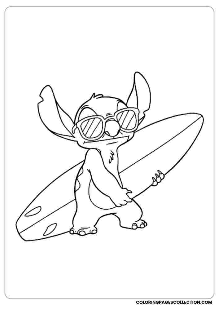 Stitch with Surfboard Coloring Page, Coloring sheet, free printable