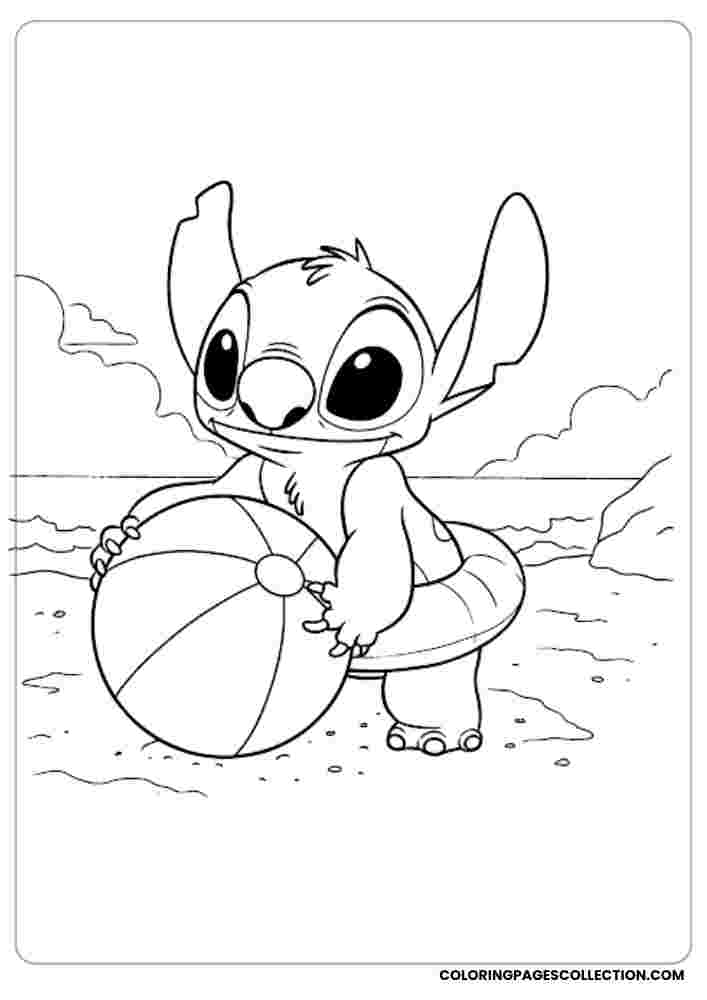 Stitch with Beach Ball Coloring Page, Coloring sheet, free printable