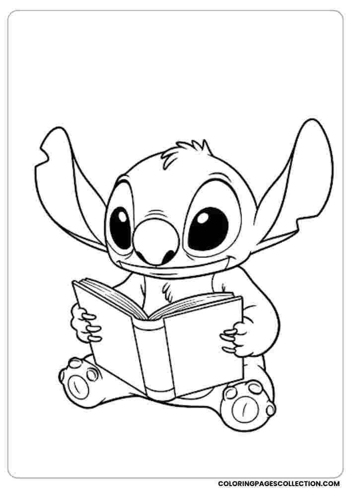 Stitch Reading a Book Coloring Page, Coloring sheet, free printable