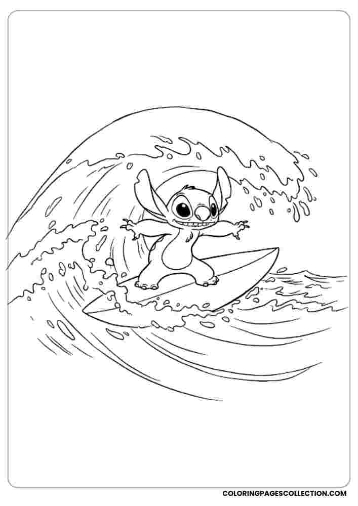 Stitch Surfing a Wave Coloring Page, Coloring sheet, free printable