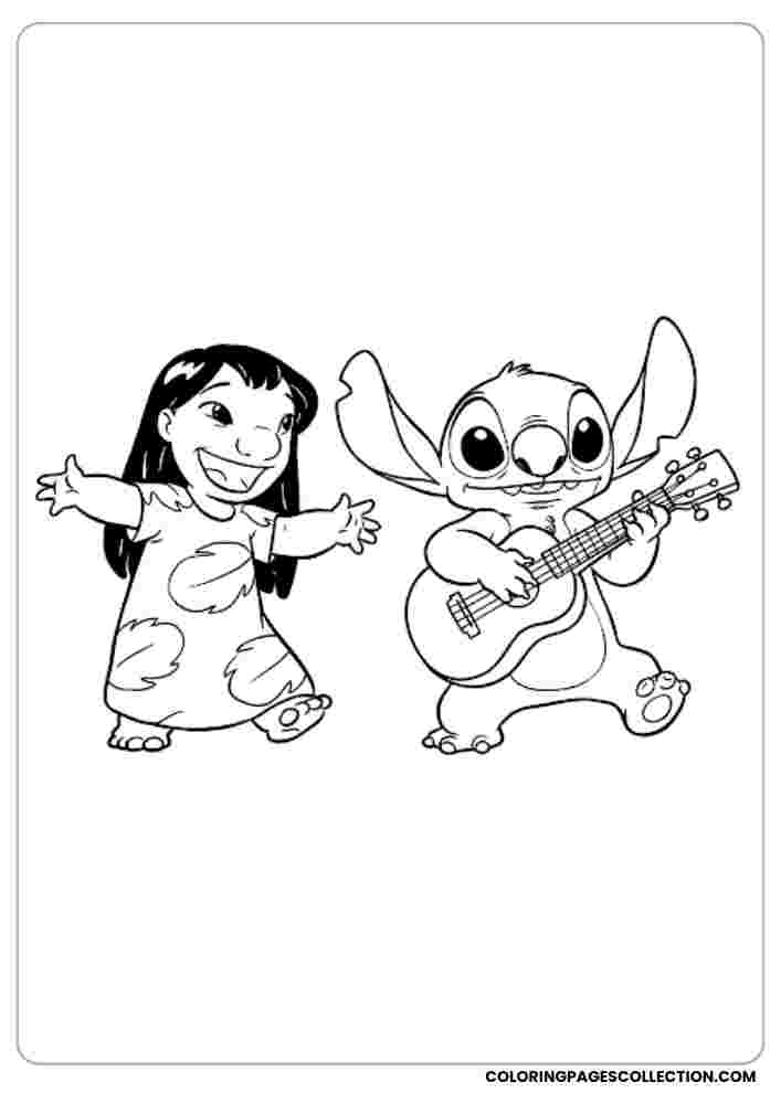Lilo and Stitch with Ukulele Coloring Page, Coloring sheet, free printable