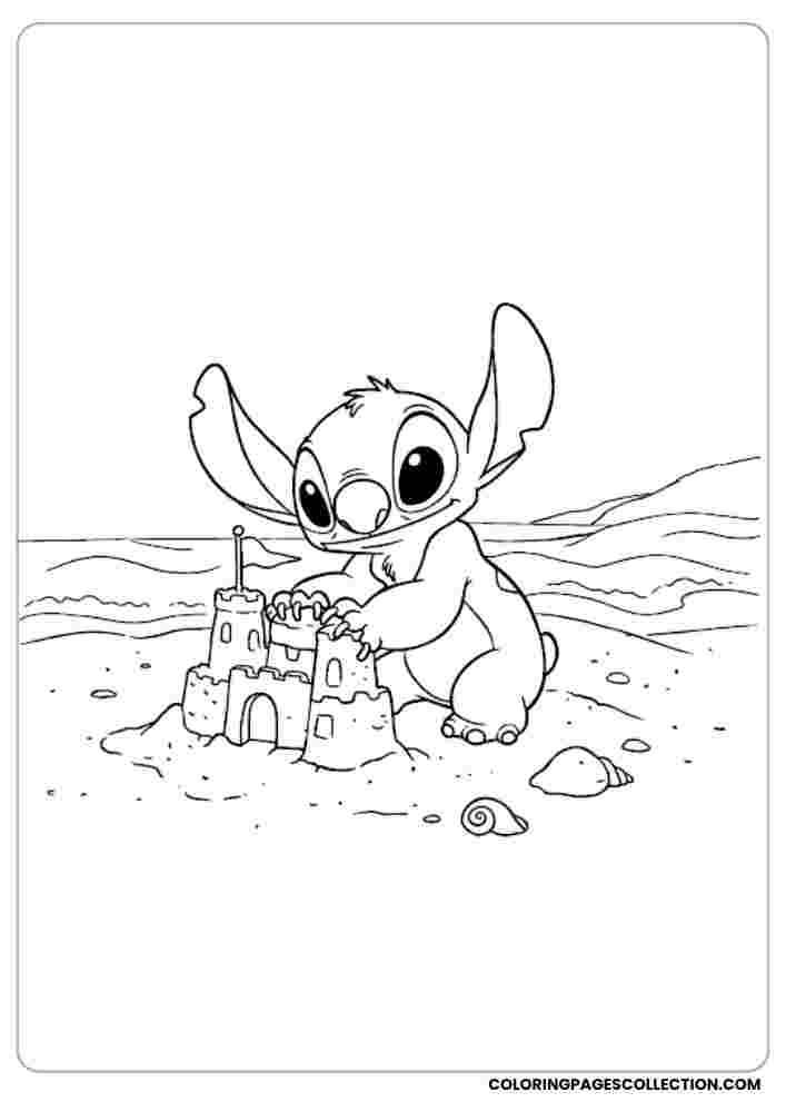 Stitch at the Beach Coloring Page, Coloring sheet, free printable