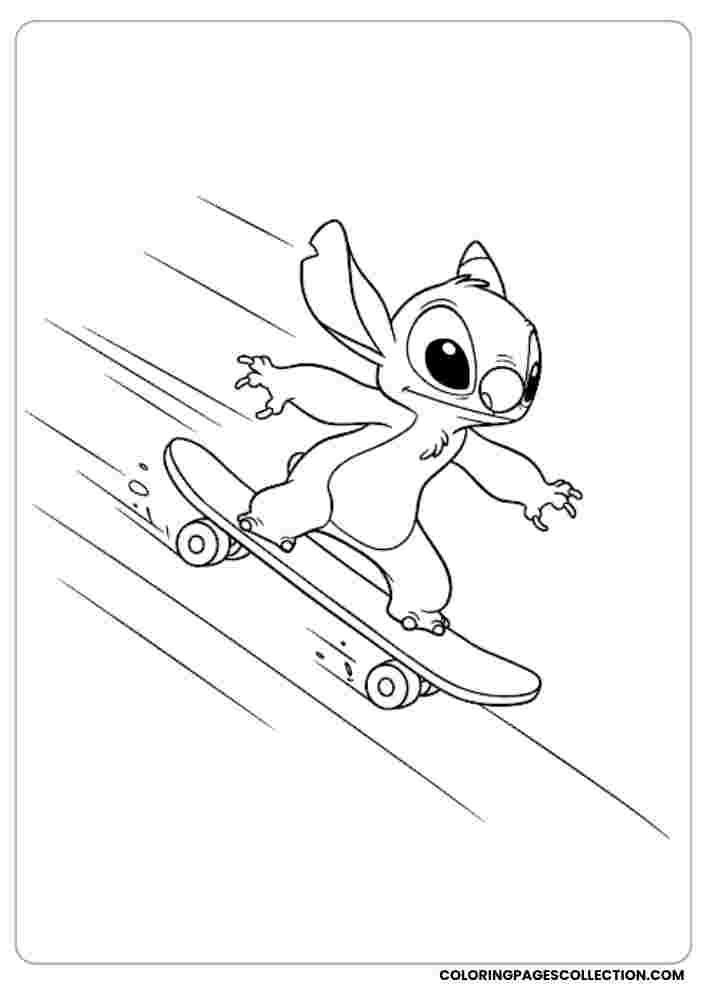Stitch on a Skateboard Coloring Page, Coloring sheet, free printable