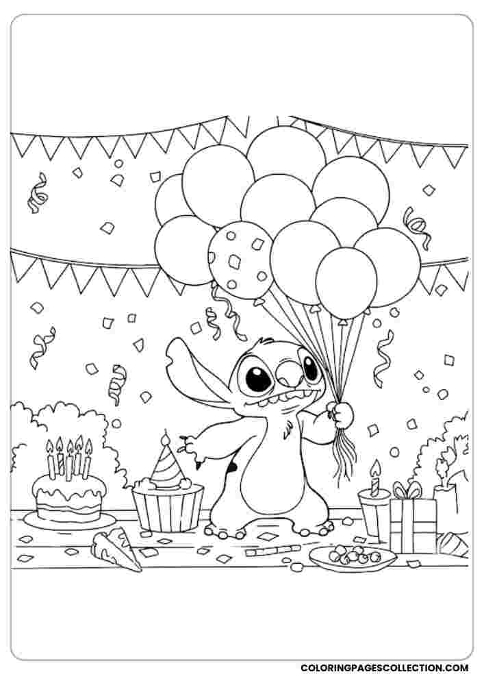 Stitch at a Party Coloring Page, Coloring sheet, free printable