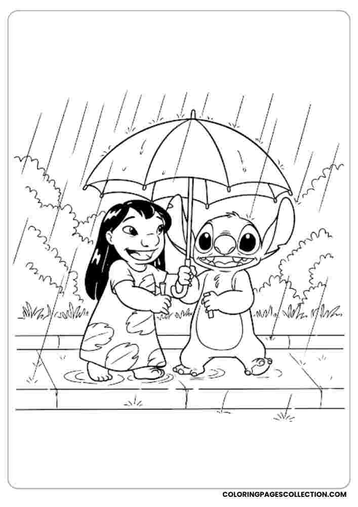 Lilo and Stitch in Rain Coloring Page, Coloring sheet, free printable