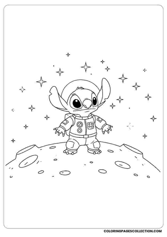 Stitch on the Moon Coloring Page, Coloring sheet, free printable