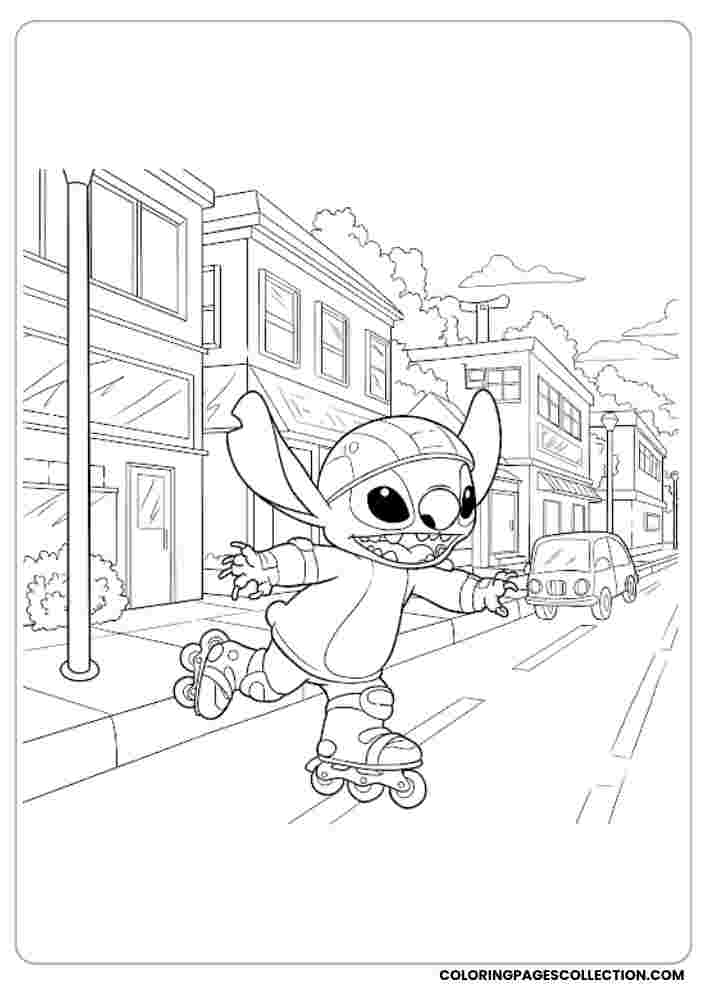 Stitch Rollerblading Coloring Page, Coloring sheet, free printable