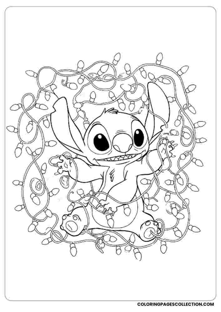 Stitch Tangled in Lights Coloring Page, Coloring sheet, free printable