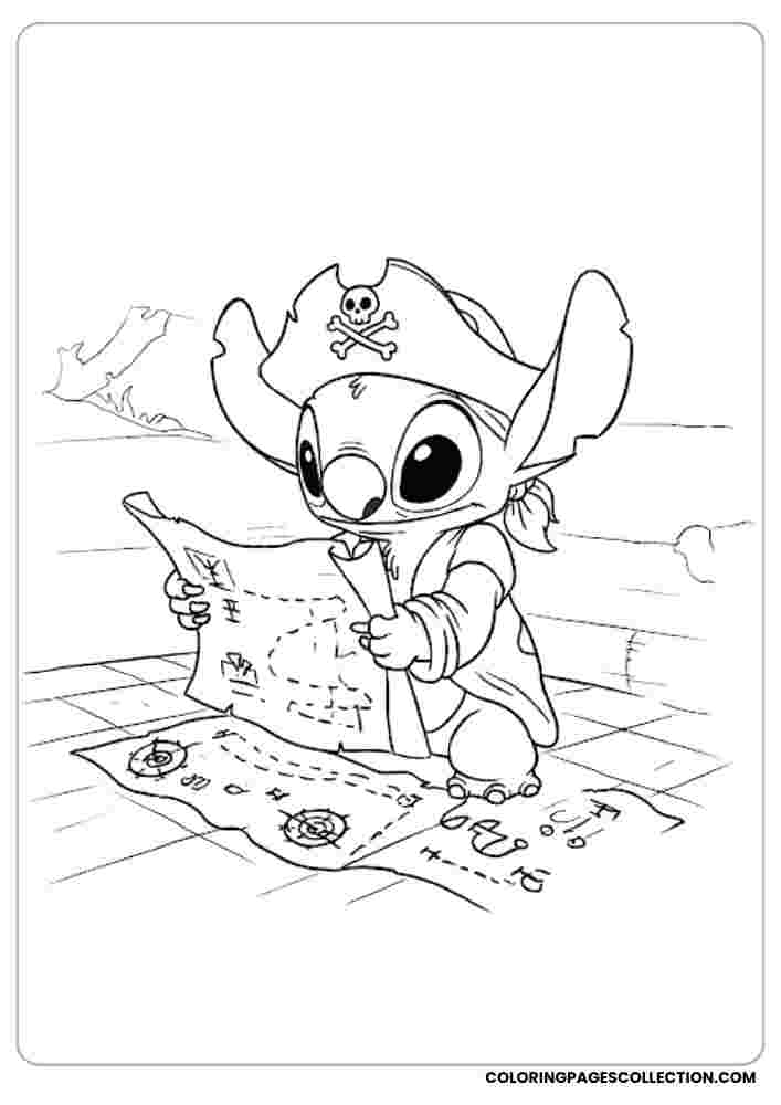 Stitch with Treasure Map Coloring Page, Coloring sheet, free printable