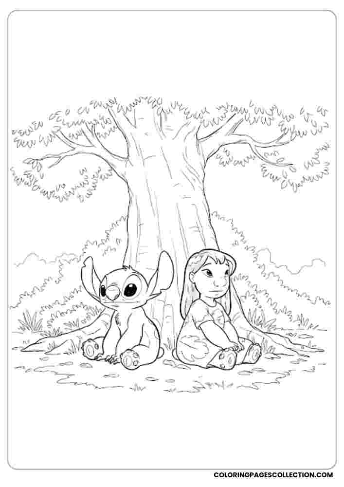 Lilo and Stitch Under a Tree Coloring Page, Coloring sheet, free printable