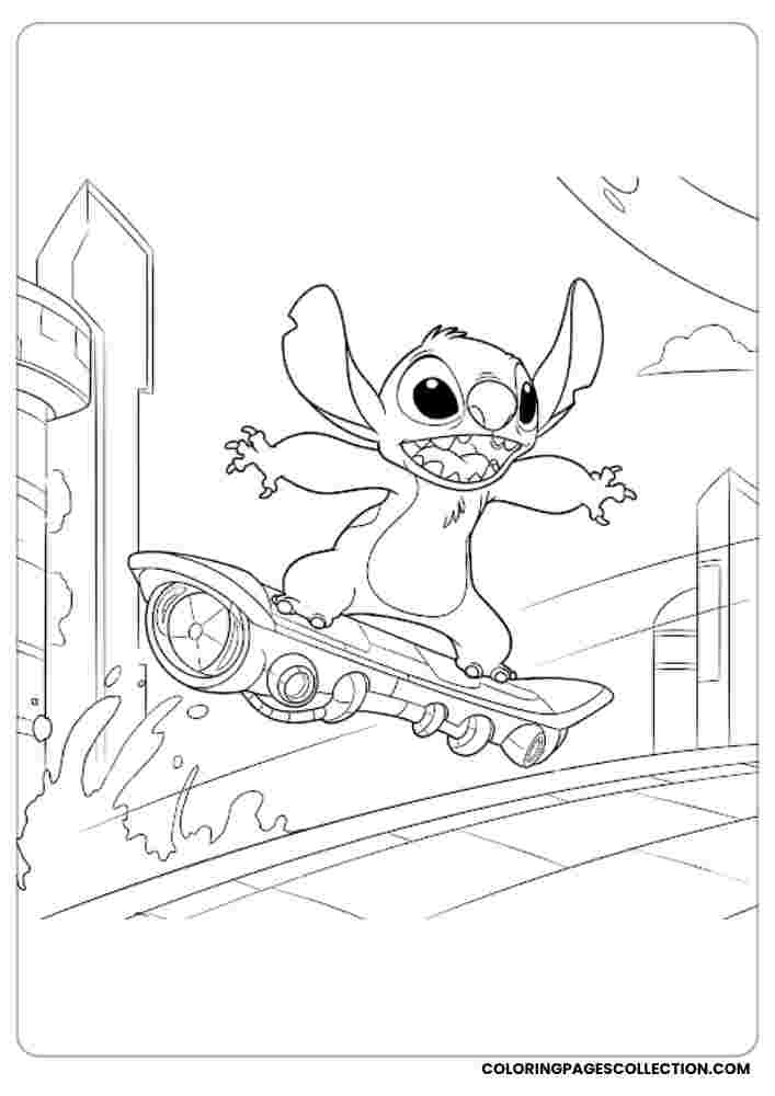Stitch on Hoverboard Coloring Page, Coloring sheet, free printable