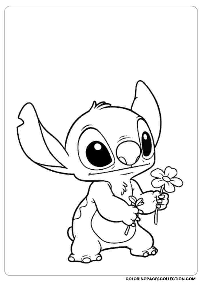 Chibi Stitch with Flower Coloring Page, Coloring sheet, free printable