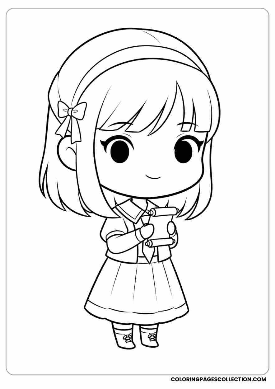 Chibi Esther holding a tiny scroll, Coloring page, coloring sheet, queen esther coloring pages,