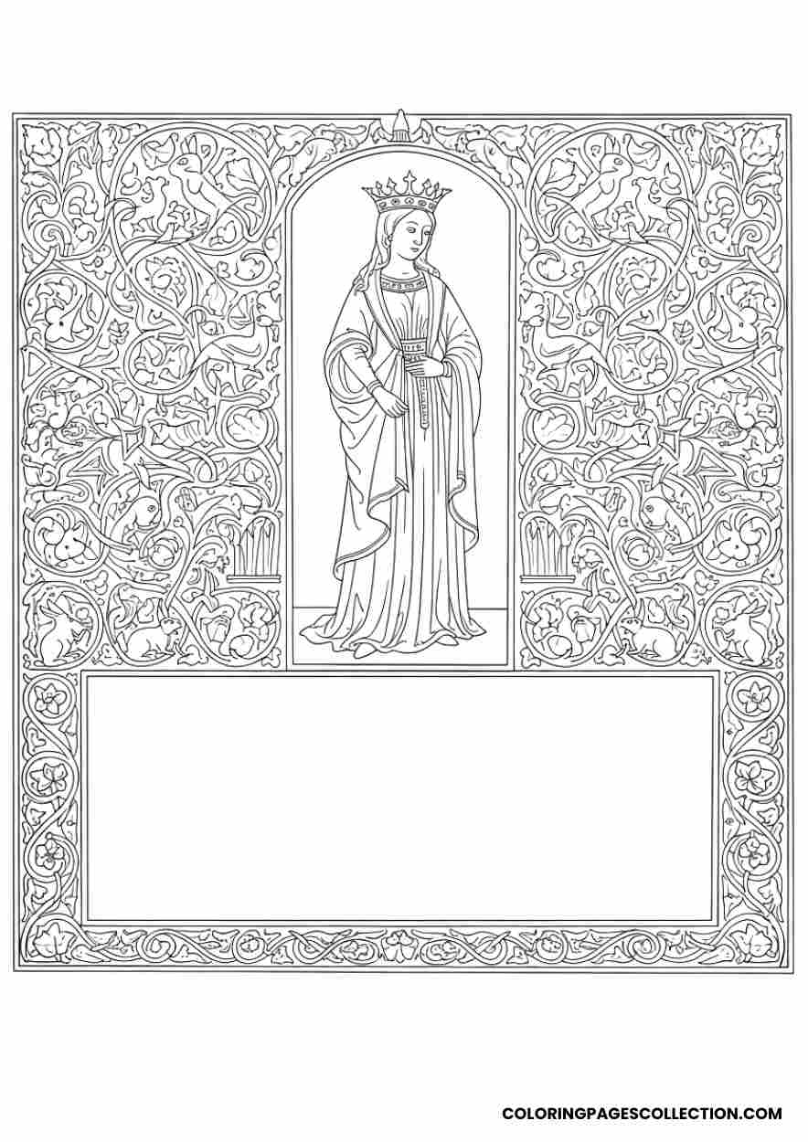 Medieval illuminated outline of Esther, Coloring page, coloring sheet, queen esther coloring pages,