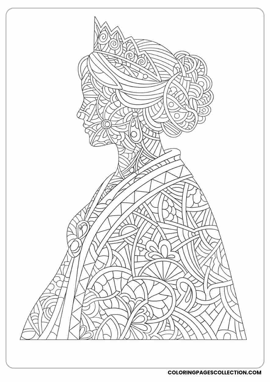 Esther silhouette portrait with patterned robe, Coloring page, coloring sheet, queen esther coloring pages,
