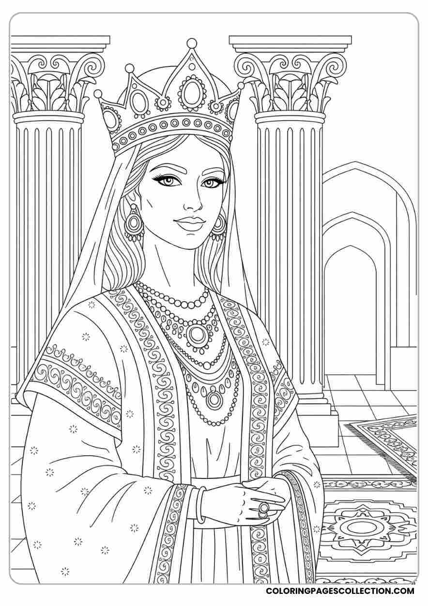 Esther with Persian motifs in background , Coloring page, coloring sheet, queen esther coloring pages,