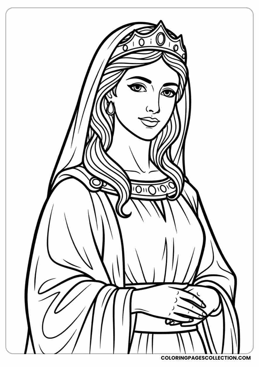 Vintage woodcut style line art of Esther, Coloring page, coloring sheet, queen esther coloring pages,