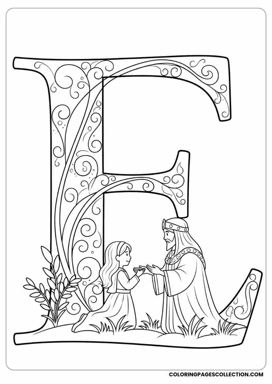 Decorative letter E , Coloring page, coloring sheet, queen esther coloring pages,