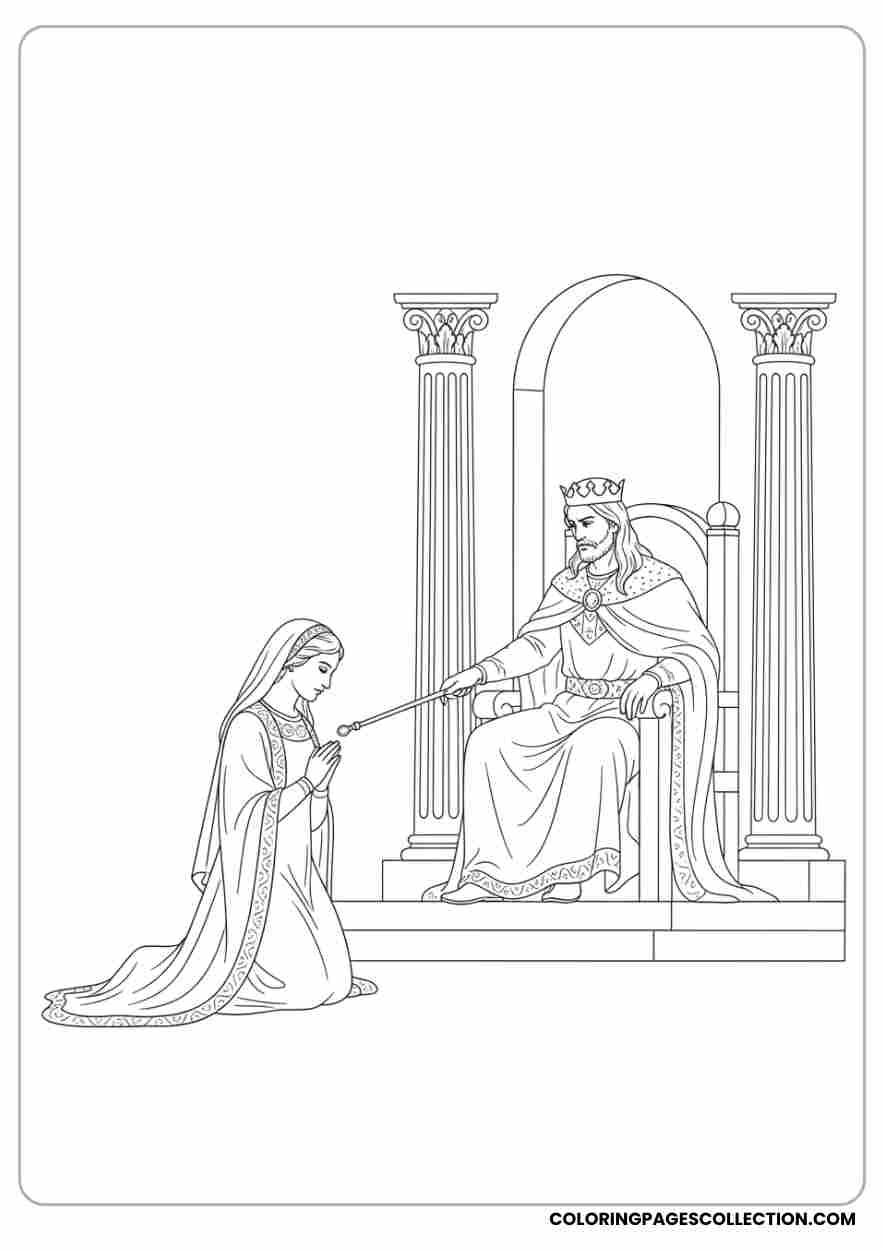 Esther kneeling before the king, Coloring page, coloring sheet, queen esther coloring pages,