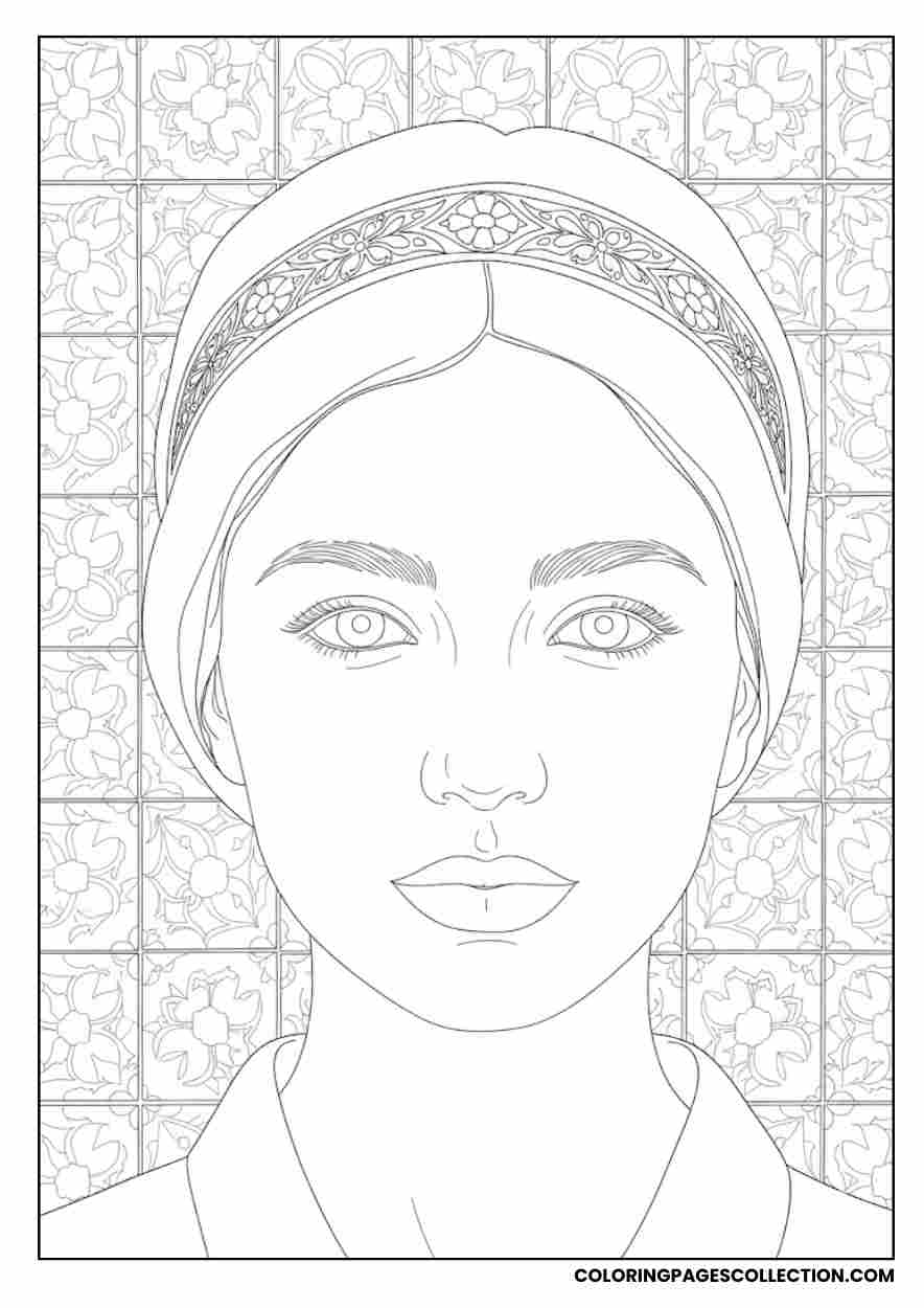 Closeup portrait of Esther, Coloring page, coloring sheet, queen esther coloring pages,
