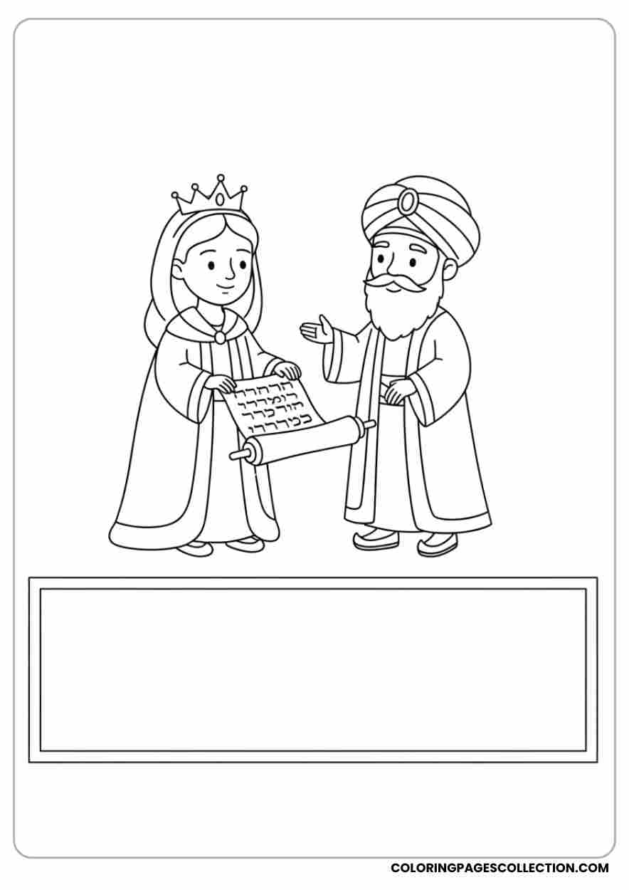 Esther and Mordecai talking with a scroll between them, Coloring page, coloring sheet, queen esther coloring pages,