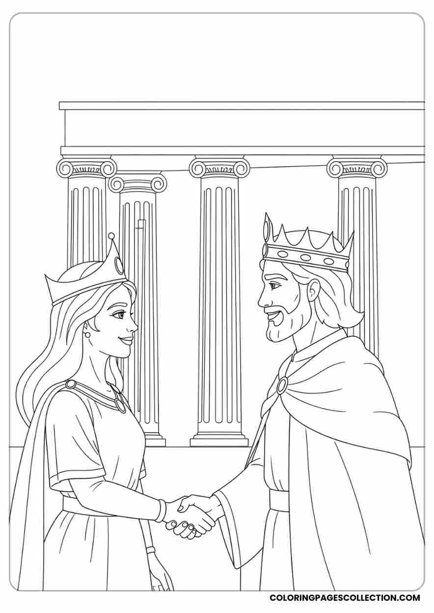 Esther and king handshake scene, Coloring page, coloring sheet, queen esther coloring pages,