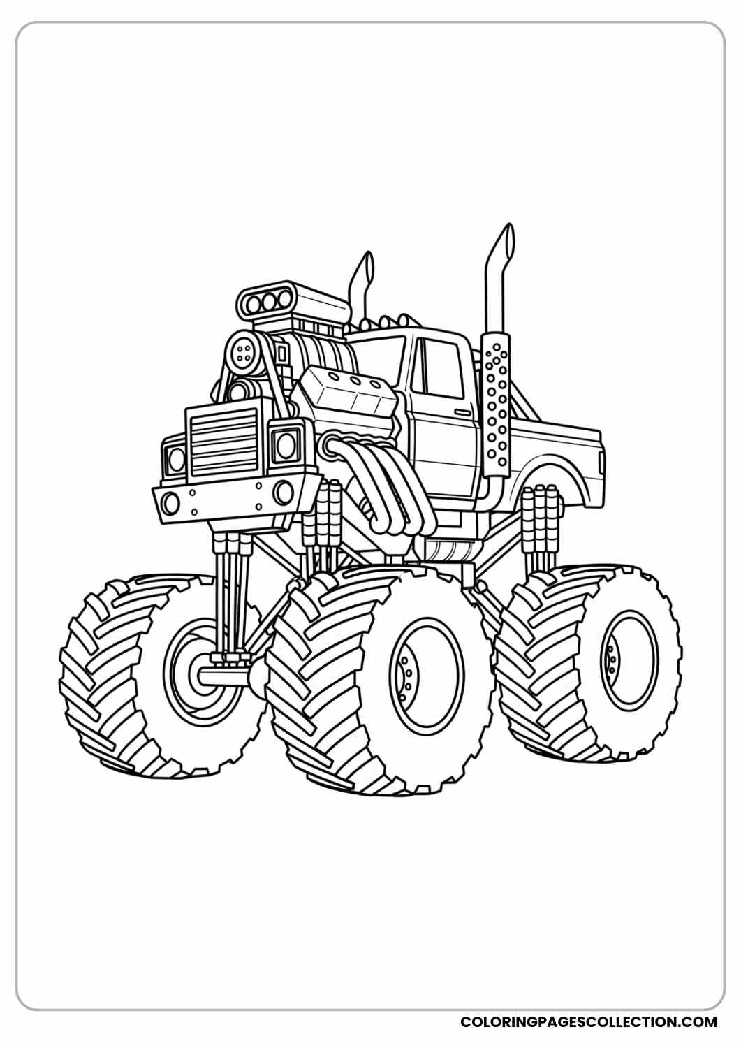 Monster-style diesel truck with tall stance and rugged tires coloring page
