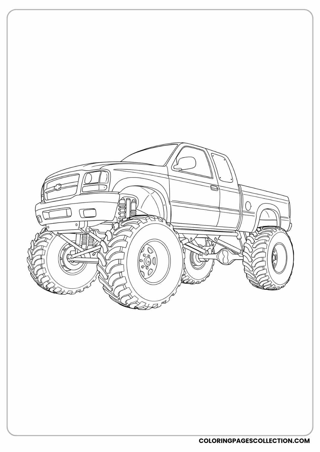 Truck with extra-large wheels and lifted body, angled view coloring page