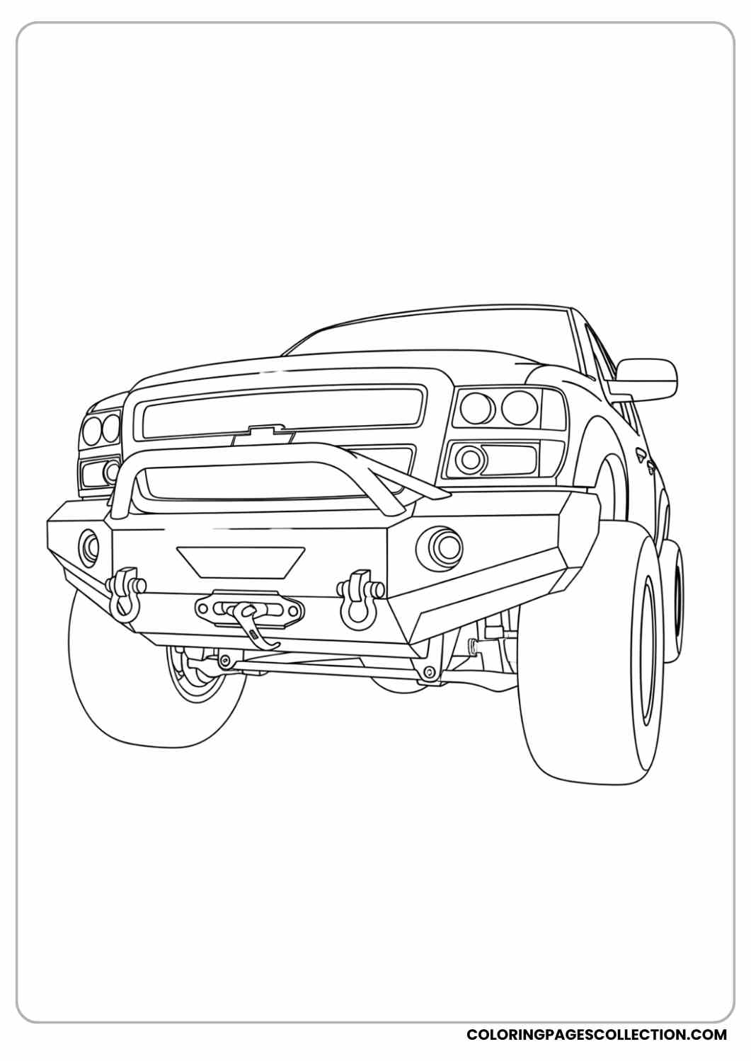 Lifted pickup truck with tow hooks on front bumper coloring page