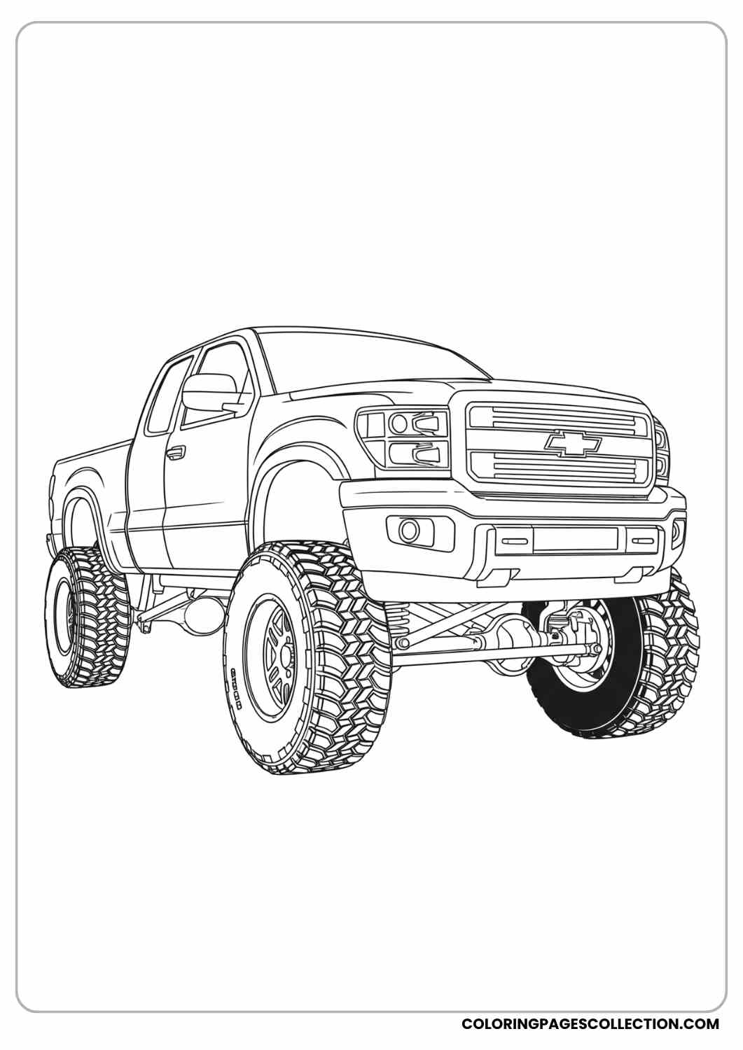 Front angled lifted truck with large wheelscoloring page