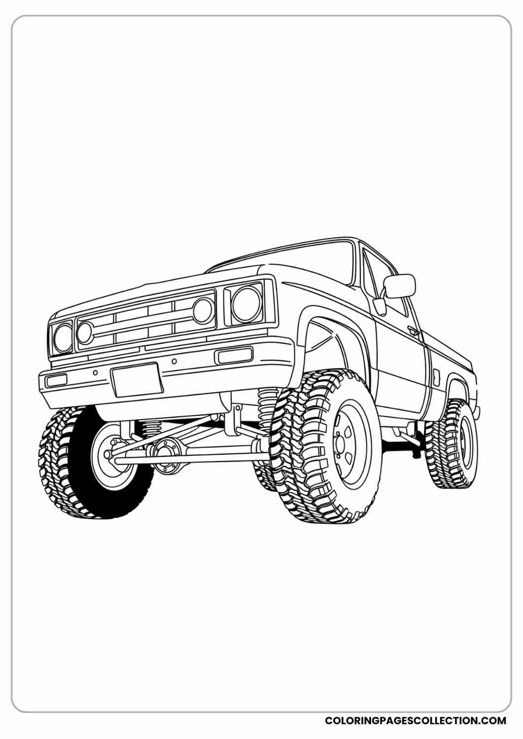 Pickup truck with lifted suspension, simple headlights, angled front view coloring page