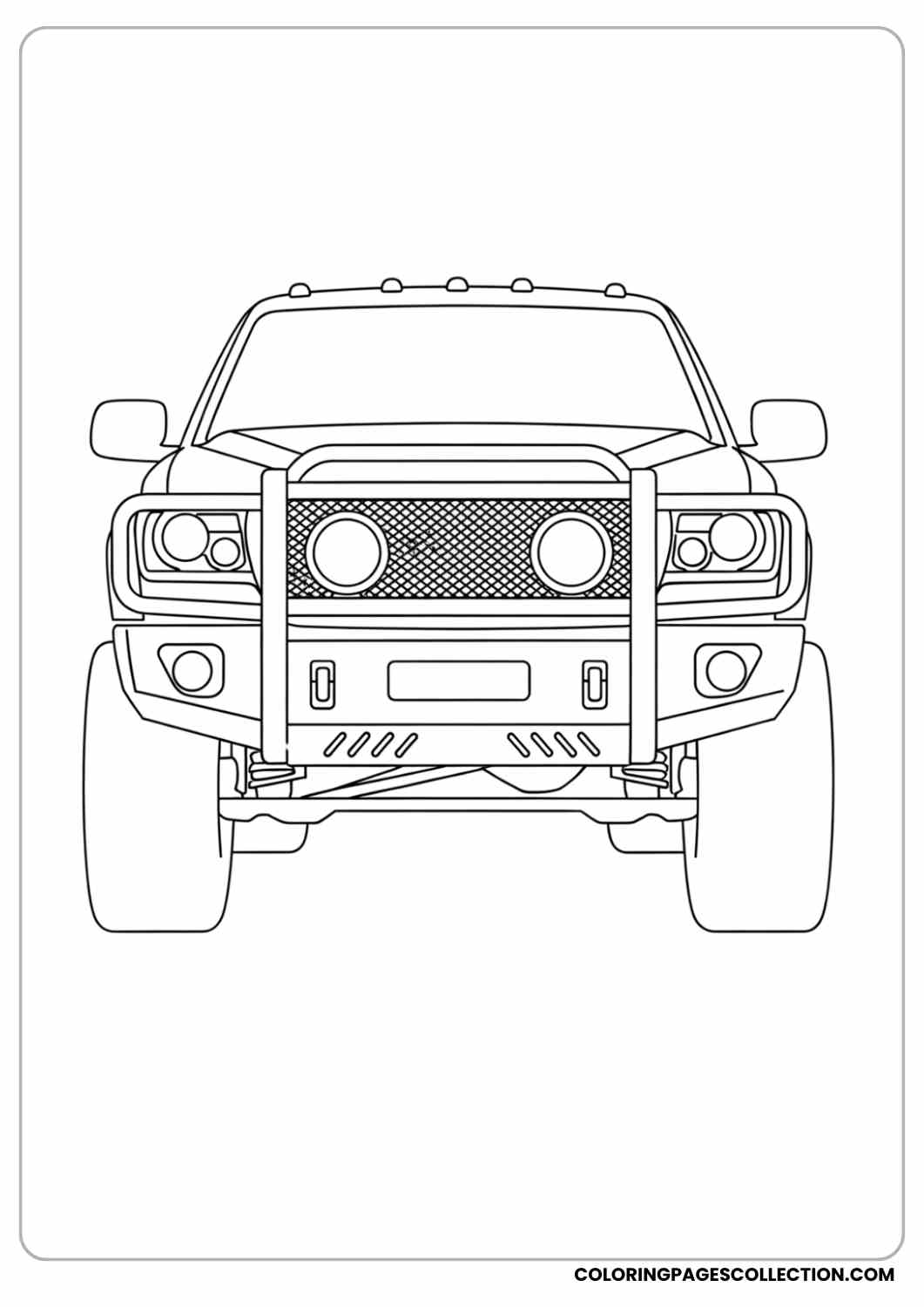Front view of lifted truck with large grill guard and round headlights coloring page