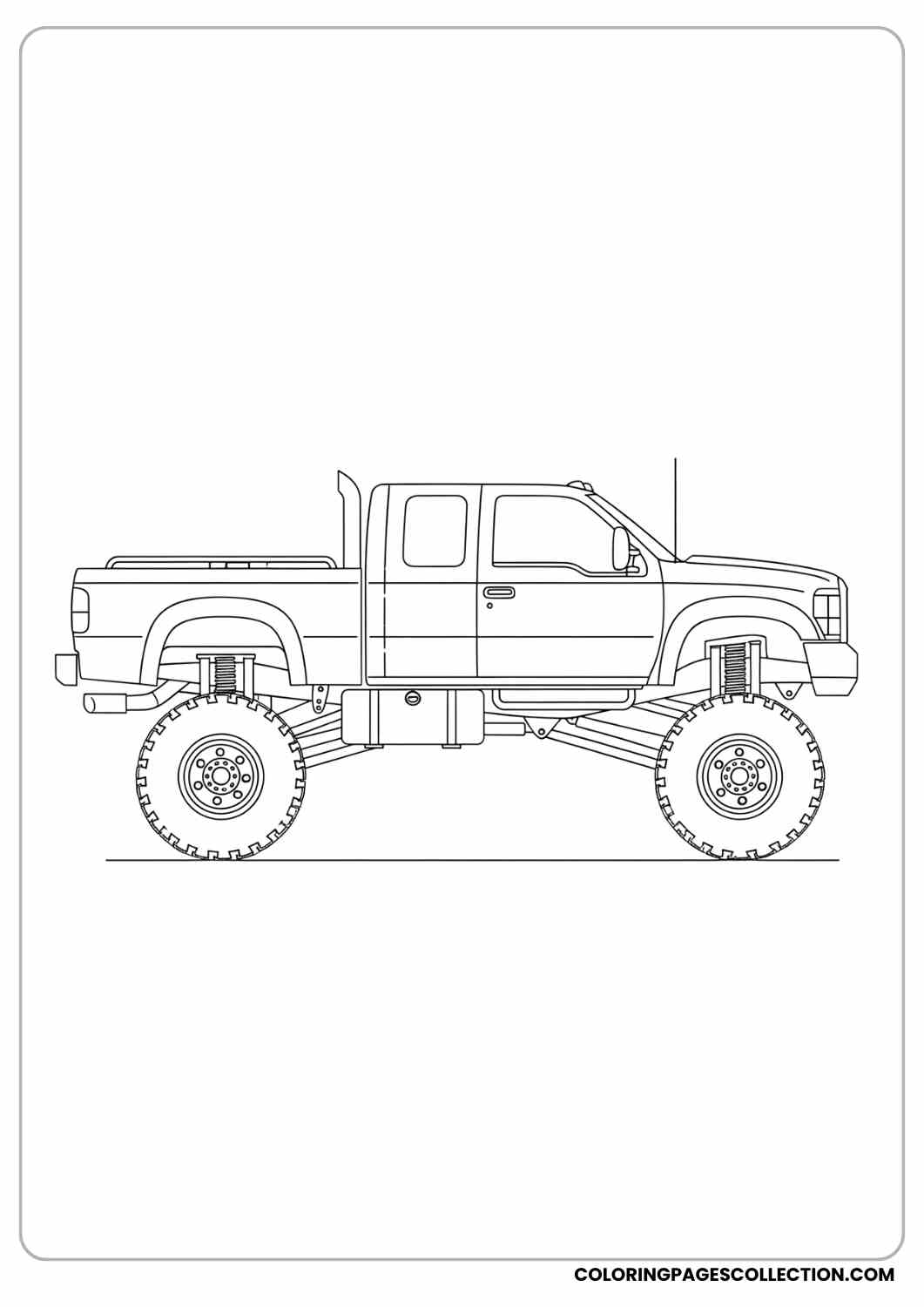 Diesel truck side view with raised suspension, simple details, chunky tires coloring page