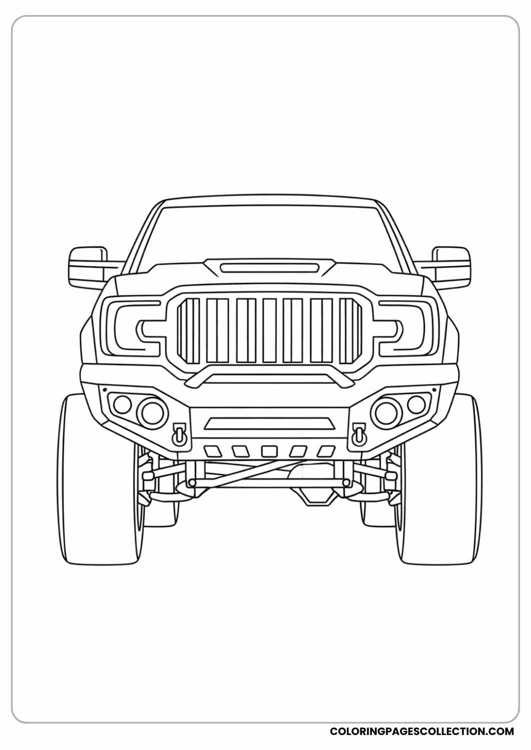 Front view of lifted truck with large bumper and grill, wide tires coloring page