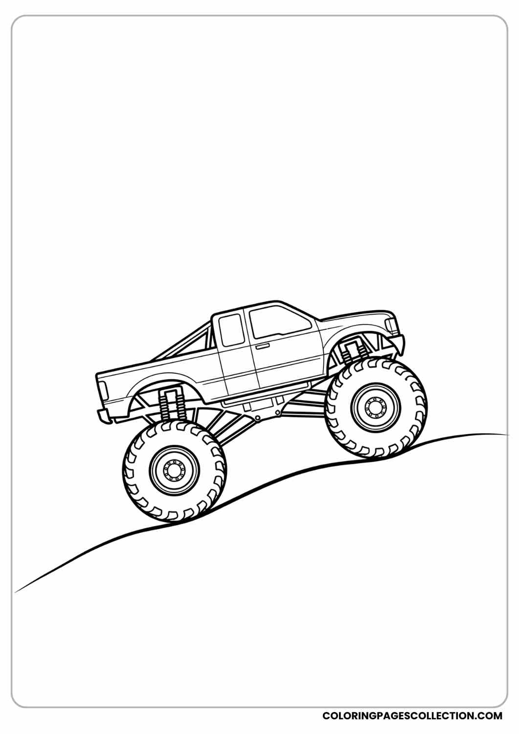 Truck climbing a small hill, oversized wheels, lifted body coloring page