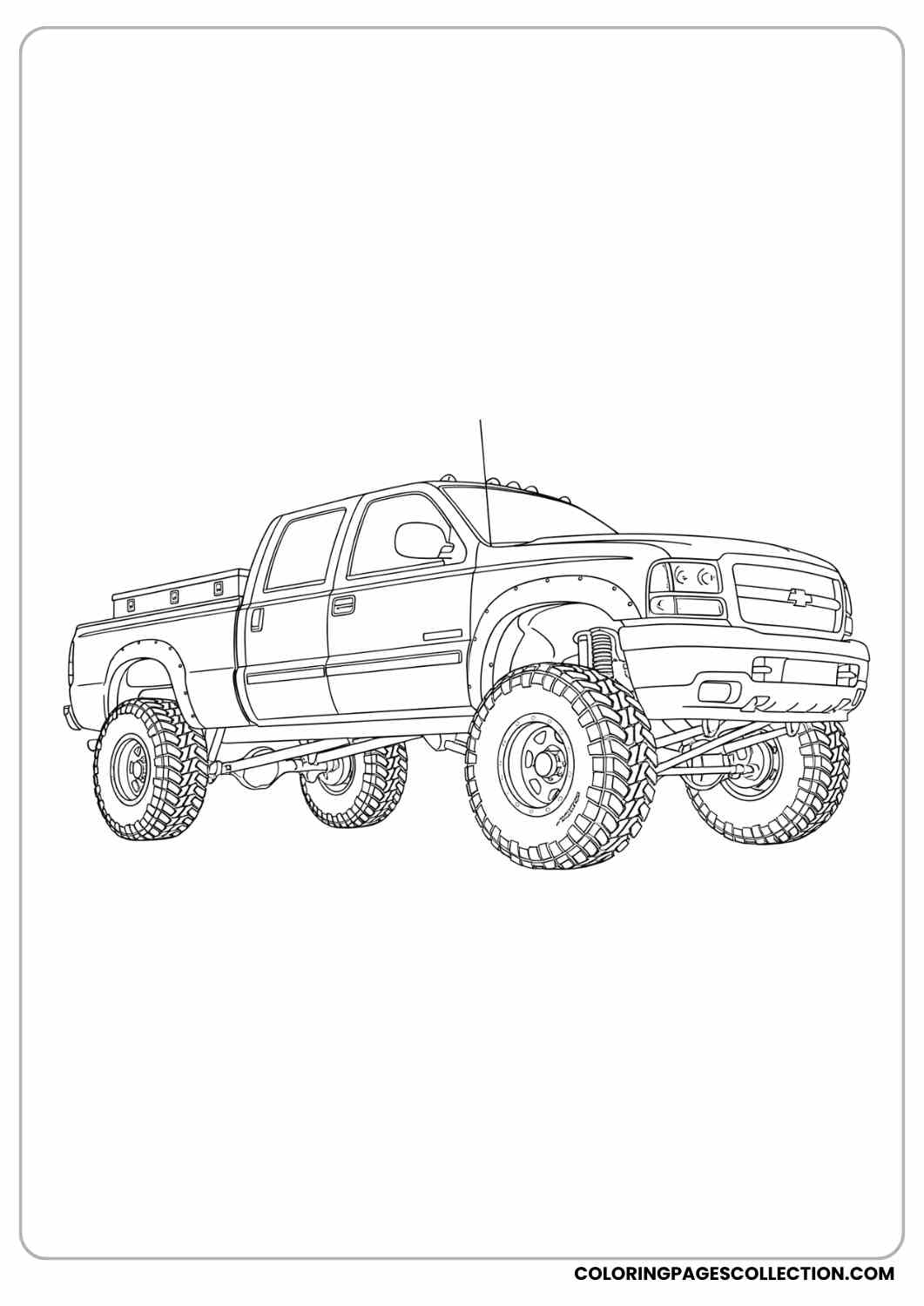 Lifted diesel pickup truck with toolbox in bed, simple rugged style coloring page